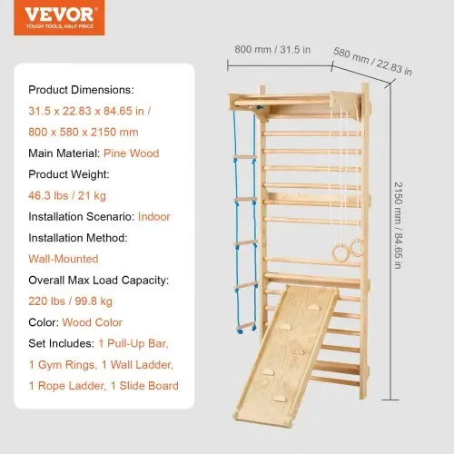 VEVOR Schwedische Leiterwand 15-stufiges Kletterspielzeug aus Holz für Indoor-Spielplätze, 100 kg Tragkraft, Schwedische Wandleiter für Kinder & Erwachsene, Sprossenwand Turnwand aus Kiefernholz – Bild 6