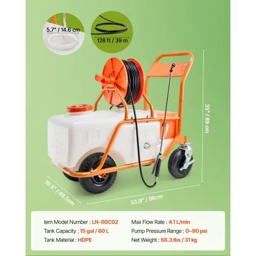 VEVOR Rasensprüher mit Rädern, einstellbarer Druck 0–90 PSI, Sprühgerät mit 60-L-Tank, mit 8 Düsen, 2 Zauberstäben, breiter Öffnungsdeckel für Garten, Jäten, Sprühen – Bild 6