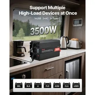 VEVOR 3500 W Wechselrichter, 12 V DC auf 230 V AC, reiner Sinus-Wechselrichter, Solar-Autoladegerät-Konverter mit LCD-Display, Fernbedienung, USB-Anschluss, 2 AC-Steckdosen, Typ-C-Anschluss VEVOR 3500 W Wechselrichter, 12 V DC auf 230 V AC, reiner Sinus-Wechselrichter, Solar-Autoladegerät-Konverter mit LCD-Display, Fernbedienung, USB-Anschluss, 2 AC-Steckdosen, Typ-C-Anschluss