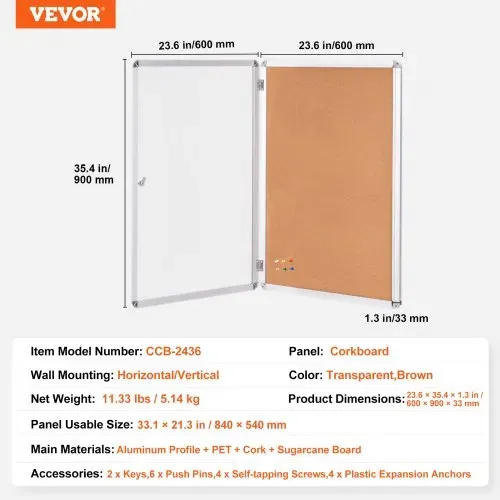 VEVOR 36"x24" geschlossene Korktafel mit Aluminiumrahmen – abschließbares Schwarzes Brett mit Acryltür und 2 Schlüsseln – wetterfeste Wandvitrine für Schule, Zuhause, Büro – Bild 6