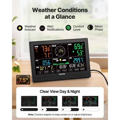 VEVOR 7-in-1 WLAN-Wetterstation mit APP, 7,5-Zoll-VA-Display, solarbetriebener Außensensor, Wettercenter zur Wettervorhersage, Windgeschwindigkeit, Temperatur, Luftfeuchtigkeit, Niederschlag – Bild 3