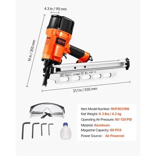 VEVOR Druckluft Nagler, 50 bis 90 mm, 21 Grad Rundkopf, pneumatische Nagelpistole mit zwei Auslösemodi & Tiefeneinstellung, 80-120 PSI Pro Druckluftnagler für Rahmen, Bodenbeläge & Terrassendielen – Bild 6