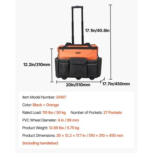 VEVOR Werkzeugtasche mit Rollen, 50 kg Tragkraft, 27 Taschen, Arbeitsrucksack mit verstellbarer Teleskopgriff & stabiler Standfuß, Werkzeugtaschen-Organizer für Bau, Mechanik, 510x310x450 mm – Bild 6