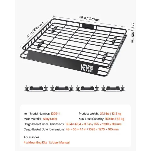 VEVOR Dachgepäckträgerkorb Autodachkorb (1095 x 1270 x 105 mm) universeller Dachgepäckträger aus rostfreiem legiertem Stahl mit 68 kg Max. Tragkraft, Autodach-Gepäckträger für SUV Lkw – Bild 6