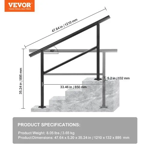 VEVOR Aluminium Treppengeländer 122 x 90 cm , Außen Eingangsgeländer 0-45 Grad, Hauseingangshandlauf aus Aluminium, Rostfrei verschleißfest und Steinhart für Privathaushalte, Bürobereiche Schwarz – Bild 6