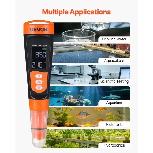 VEVOR pH-Meter, pH/EC/TDS Multiparameter-Messung, IP68 Wasserdichte Sonde, Taschen-Tester-Set mit Kalibrierpulver-Päckchen, VA-Display, PH Messgerät, Wassertester für Wasserqualitätsprüfung – Bild 5