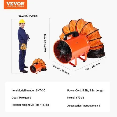 VEVOR Bauventilator 365-W-AC-Motor Baugebläse 2810 U/min Baulüfter Gebläse 1214 L/s (2574 CFM) Axiallüfter 10 m Schlauch Axialgebläse 79 dB Geräuschpegel Industrielüfter IP44 – Bild 6