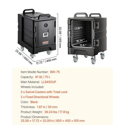 VEVOR Isolierter Speisenbehälterträger Warmhaltebox für Gastronomie 75 L, Speisenbehälter mit Doppelschnallen & Griffen, Speisenbehälterträger Lebensmitteltransportbox für Restaurant Schwarz (ohne Tablett) – Bild 6