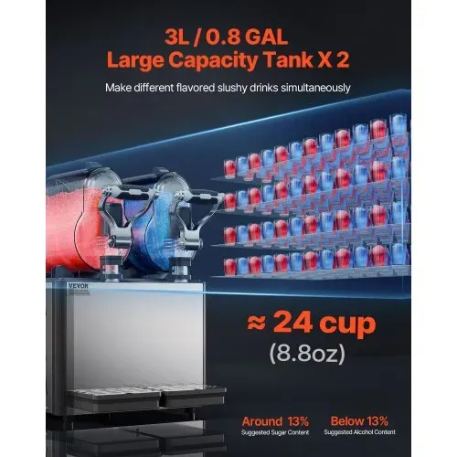 VEVOR kommerzielle Slusheis Maschine 3 L x 2 Doppeltank-Maschine für gefrorene Getränke, 24 Tassen Edelstahl Slush-Eis-Maschine Softeis Maker für Partys Restaurants Cafés Barsn Schwarz VEVOR kommerzielle Slusheis Maschine 3 L x 2 Doppeltank-Maschine für gefrorene Getränke, 24 Tassen Edelstahl Slush-Eis-Maschine Softeis Maker für Partys Restaurants Cafés Barsn Schwarz