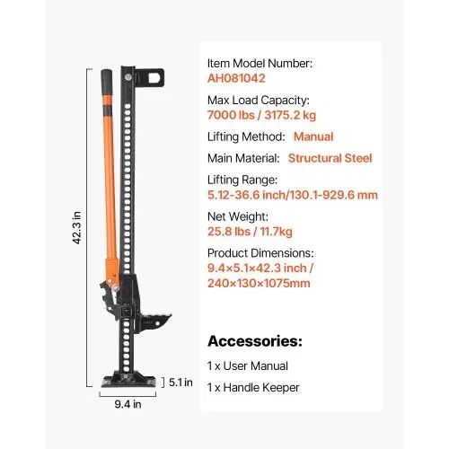 VEVOR Farm Wagenheber (1075 mm hoch) Offroad High Lift Farm Jack (3,18 t belastbar) Offroad-Nutzwagenheber, Stoßstangenheber Hochleistungshebebühnen mit 130,1-929,6 mm Hubbereich für Traktor Lkw – Bild 6