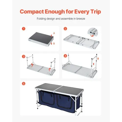 VEVOR Camping Küchentisch klappbarer Kochtisch Outdoor, 3-fach höhenverstellbar, tragbare Kochstation aus Aluminium mit Organizer & Tragegriff, für Grillpartys Picknicks Wohnmobilreisen Blau – Bild 4