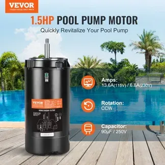 VEVOR 1,5 PS Poolpumpenmotor, 56J Rahmen, 115V(13,6 Ampere)/230V(6,8 Ampere) 3450 U/min, 60Hz, 1.3 Betriebsfaktor, 90μF/250V Kondensator, CCW Rotation Rundflansch Ersatzmotor VEVOR 1,5 PS Poolpumpenmotor, 56J Rahmen, 115V(13,6 Ampere)/230V(6,8 Ampere) 3450 U/min, 60Hz, 1.3 Betriebsfaktor, 90μF/250V Kondensator, CCW Rotation Rundflansch Ersatzmotor