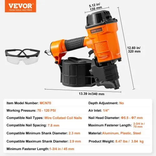 VEVOR Coil-Verkleidungsnagler MCN70, 1-3/4" bis 2-3/4" 15 Grad pneumatischer Verkleidungsnagler, 70-120PSI Luft-Coil-Verkleidungsnagler für Paletten, Kisten, Rahmen, Verkleidungen und Zäune – Bild 6