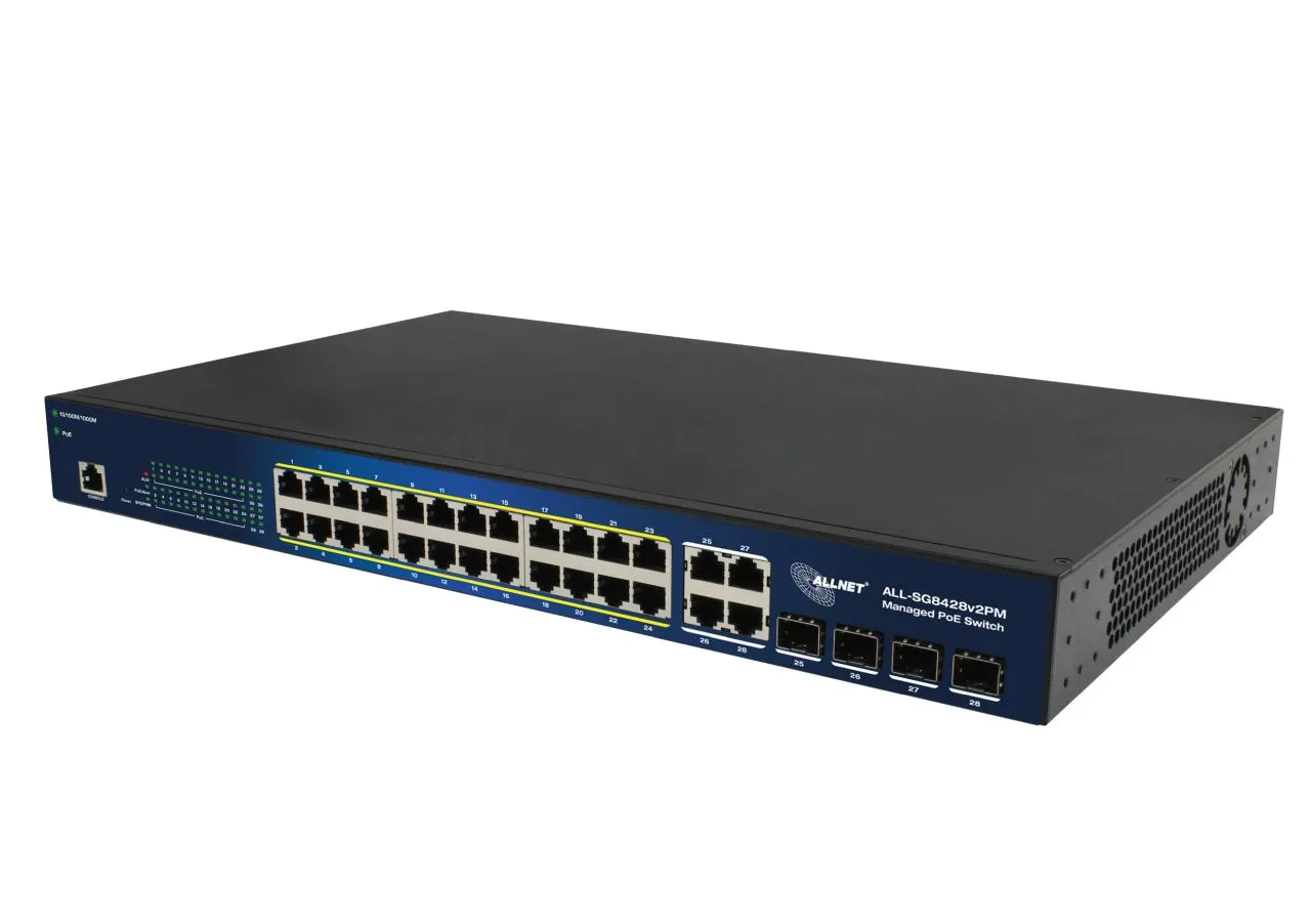 ALLNET Switch smart managed Layer2 24 Port • PoE Budget 370W • 24x PoE at • 4x SFP • 19″ • ALL-SG8428v2PM ALLNET Switch smart managed Layer2 24 Port • PoE Budget 370W • 24x PoE at • 4x SFP • 19″ • ALL-SG8428v2PM