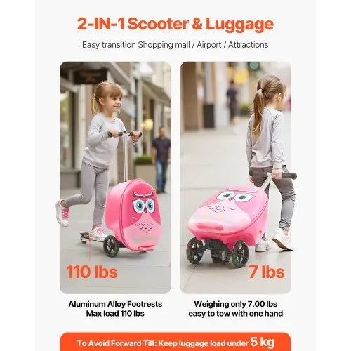 VEVOR Scooter Koffer, 20 L Fassungsvermögen, Reisekoffer mit Flash-PU-Rädern, TPR-Anti-Rutsch-Griff, max. Gewichtskapazität 50 kg, Kinderkoffer Handgepäck, für Kinder ab 5 Jahren, Pink – Bild 3