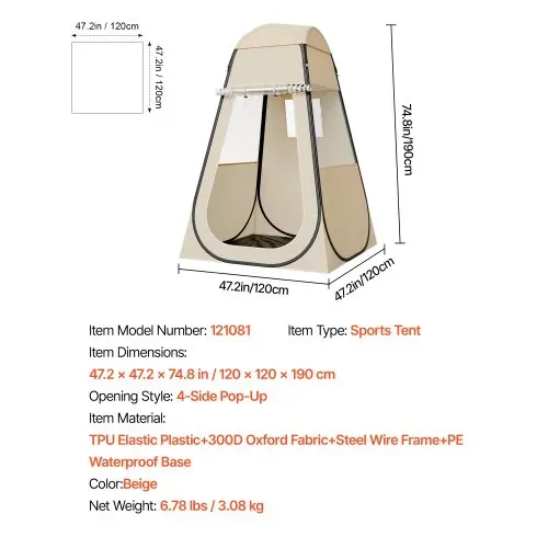 VEVOR Sportzelt, 1200 x 1200 x 1900 mm, Pop-up-Zelt für 1 Person, Zelt für den Außenbereich mit Bodenmatte und Abdeckung, Campingunterstand für Veranstaltungen, Angeln, Jubeln – Bild 6
