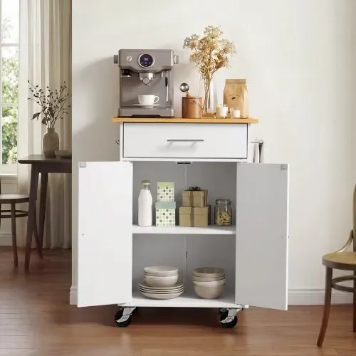 VEVOR Kücheninselwagen mit 1 Schublade & 2 Türen Weiß Mobile Kücheninsel, Küchenwagen mit Schrank, Handtuchhalter, Tischplatte (600 x 380 x 15 mm) & Haken fürs Esszimmer, Küche, Mobiler Servierwagen – Bild 7