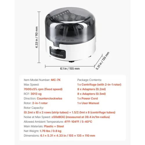 VEVOR Mini-Zentrifugenmaschine 3013 xg RCF elektrische Laborzentrifugenmaschine mit 2 in 1 Rotor für 0,2/1,5/2 ml Röhrchenkapazität, feste Drehzahl 7000 U/min, geräuscharm für Laborexperimenten – Bild 6