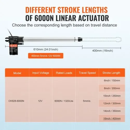 VEVOR 6000N Linear Actuator DC 12V Linearantrieb IP44 Elektrischer Linearmotor 400mm Hublänge Geräuschpegel ≤50dB Elektrische Türöffner 5mm/s Fahrgeschwindigkeit Lineartechnik Verstellantrieb – Bild 2