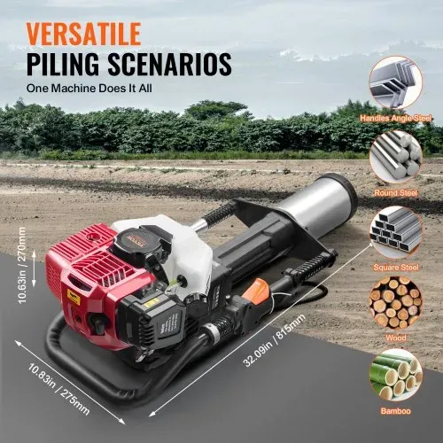 VEVOR 52ccm T-Pfostenramme mit Benzinantrieb, Zaunramme mit 2-Takt-Motor, tragbare 1400-W-Pfostenramme mit 3 Pfosten-Rammköpfen (49/69/100 mm), für Bauernhöfe, Ranchzäune, Straßenverbesserungen – Bild 5
