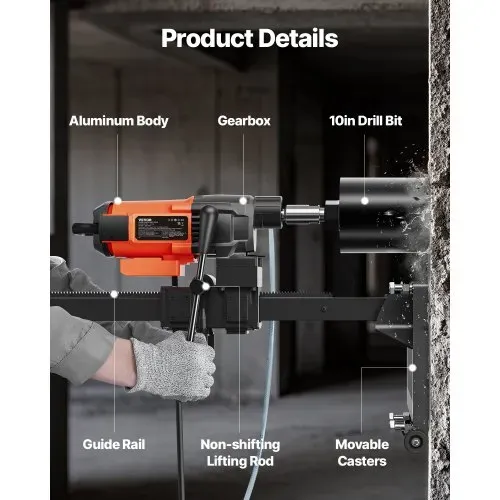 VEVOR Diamant Bohranlage 2500 W Diamantkernbohrmaschine Kernbohrgerät 0-750 U/min Kernbohrmaschine, 26 cm Magnetbohrmaschine Geeignet zum Bohren von Stahlbeton, Marmor usw. – Bild 4