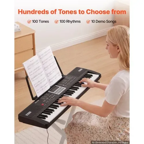 VEVOR Digitalpiano 61 Tasten Halbgewichtet E-Piano Elektronisches Keyboard für Anfänger und Musikliebhaber, 100 Klänge und Rhythmen, mit HiFi-Stereolautsprecher, Notenablage, USB-/MIDI-Anschluss – Bild 3