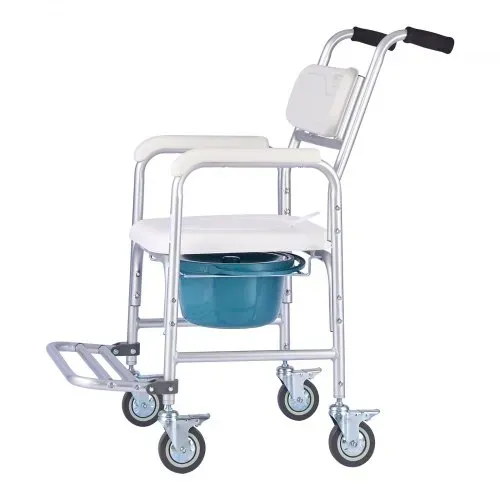 VEVOR Nachttoilettenstuhl 159 kg belastbar, rollbare Toilettensitzerhöhung mit gepolsterter Sitzfläche/Rückenlehne/hochklappbarer Fußstütze, abnehmbarer 5 L Eimer, Duschrollstuhl für Senioren – Bild 9