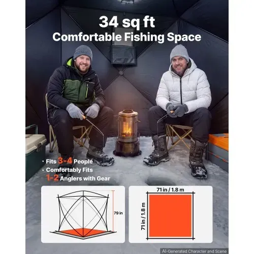 VEVOR Eisangelzelt Eisfischerzelt für 3-4 Personen 1,8x1,8x2 m Angelzelt, Eisschutzzelt für Winterangeln, 3,13 m² Fläche, 300D Oxford-Gewebe, Hub-Style-Zelt mit Ankern, Seile, Tragetasche, Schwarz – Bild 4