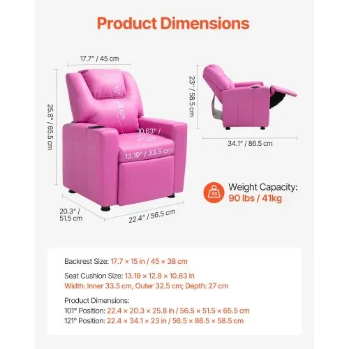 VEVOR Liegestuhl Kindersessel mit Getränkehaltern, 101° bis 121° verstellbare Rückenlehne, Liegecouch aus PU-Leder mit Fußstütze, für Jungen Mädchen Kinder (Rosa) 41 kg belastbarer Relaxsessel – Bild 2