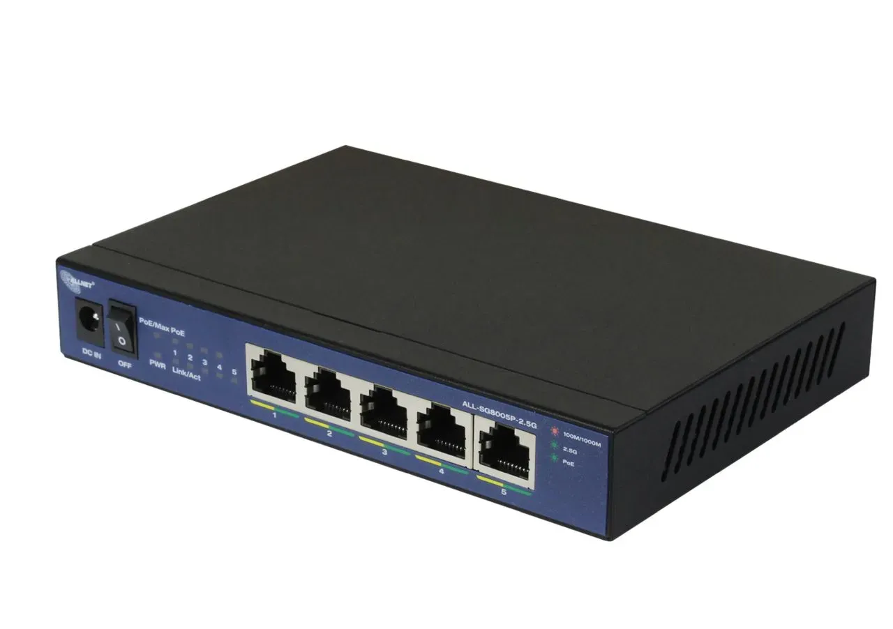 ALLNET Switch unmanaged 5 Port 2.5GBit • 5x PoE • 1x LAN • Lüfterlos • “ALL-SG8005P-2.5G” ALLNET Switch unmanaged 5 Port 2.5GBit • 5x PoE • 1x LAN • Lüfterlos • “ALL-SG8005P-2.5G”