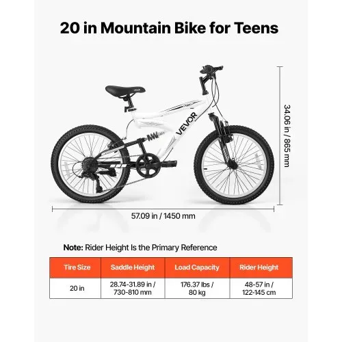 VEVOR Mountainbike 20 Zoll 6-Gang Fahrrad Kohlenstoffstahl mit Vollfederung für Freizeitfahrten in Parks und auf Radwegen, mit Verstellbarem Sattel, Klingel, Reflektoren, Lichthalterung und Bremsen – Bild 6