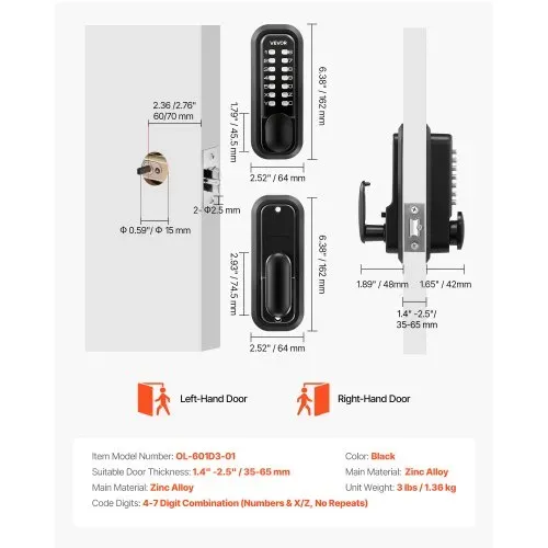 VEVOR Mechanisches Codeschloss mie Einseitigem Tastenschloss (4- bis 7-stelliger Code), Schlüsselloses Türschloss mit Griff & Knauf & Automatischer Verriegelung, für Haustüren Garagen, Schwarz – Bild 6