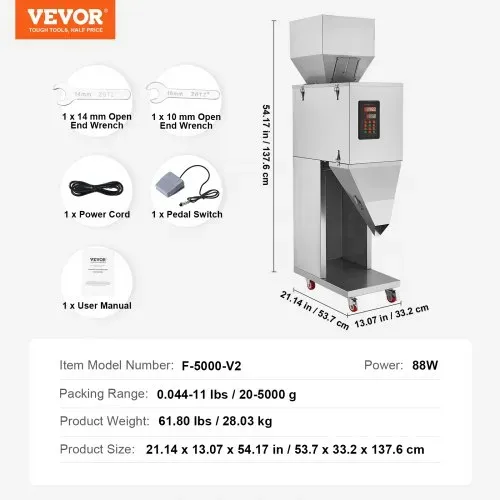 VEVOR Partikelfüllmaschine, 20–5000 g, automatische Füllmaschine mit Fußpedal, Edelstahl-Wiegefüllmaschine, Wiegefüller für Bohnen, Samen, Körner, Tee, Granulatverpackung – Bild 6