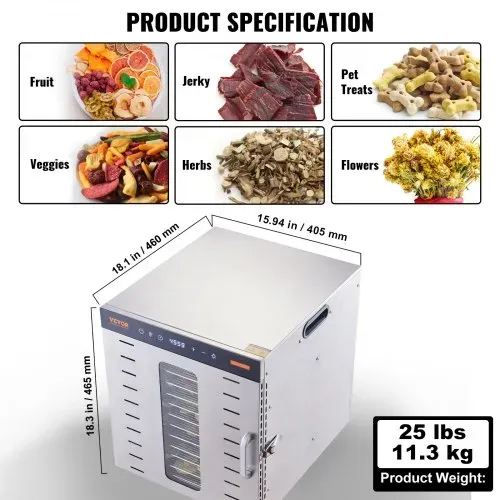 VEVOR 1000 W Dörrautomat Edelstahl, 377 x 285 mm 10 Stk. Tabletts 360° Trocken, Dörrgerät, Temperaturregelung, 0,5 bis 48-Stunden-Timer, Überhitzungsschutz, Rezeptheft für Fleisch Obst Gemüse – Bild 6