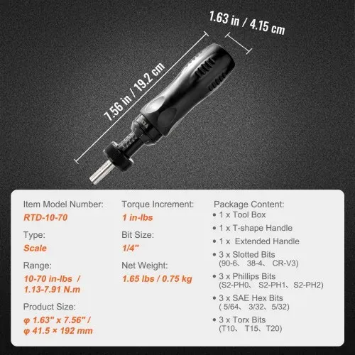 VEVOR 6,35 mm Antriebs-Drehmomentschraubendreher-Schlüsselsatz, 1,13–7,91 Nm Drehmoment-Einstellbereich, 0,11 Nm Schritte Drehmomentschraubendreher, Schraubendreher-Bohrer-Set mit Skala – Bild 6