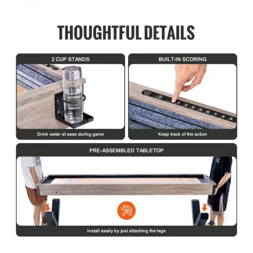 VEVOR Shuffleboard-Tisch, 9 Fuß langes Shuffleboard mit LED-Beleuchtung für das Familienspielzimmer, 2-in-1-Shuffleboard- und Bowling-Kombispielset, mit kratzfestem Spielfeld, Beinen, 8 Pucks, Bowlingset, Wachs, Bürste – Bild 5