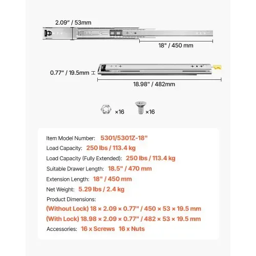 VEVOR Schubladenführung mit Vollauszug, 1 Paar, abschließbare Teleskopschienen, 450 mm, Tragkraft 113,4 kg, seitlich montierte Gleitschiene mit Kugellager und Verriegelung – Bild 6