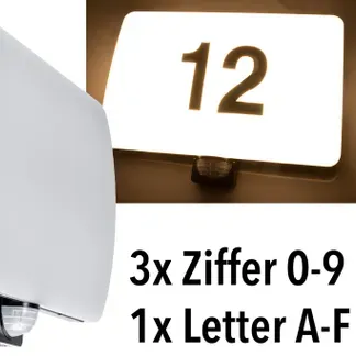 LED Wandleuchte “PADAR” mit PIR-Sensor IP65, 20W, mit Hausnummer & Buchstaben LED Wandleuchte “PADAR” mit PIR-Sensor IP65, 20W, mit Hausnummer & Buchstaben