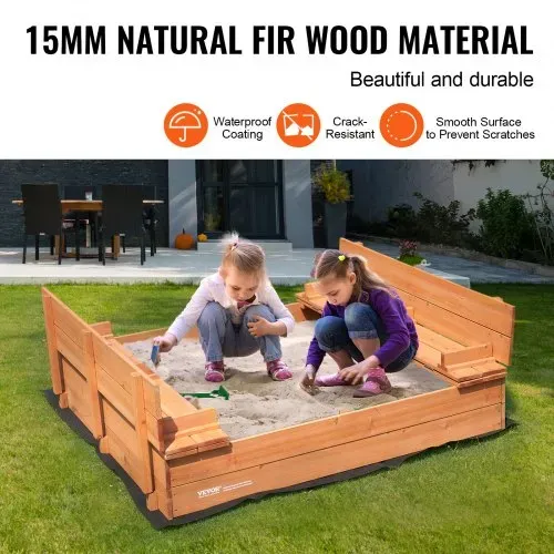 VEVOR Sandkasten aus Holz, 132 x 120 x 43 cm, Sandkasten mit klappbaren Sitzbänken und Bodeneinlage, Sandkasten aus Naturholz für Kinder für den Garten, Strand, Park, Geschenk für Jungen und Mädchen im Alter von 3–12 Jahren – Bild 2