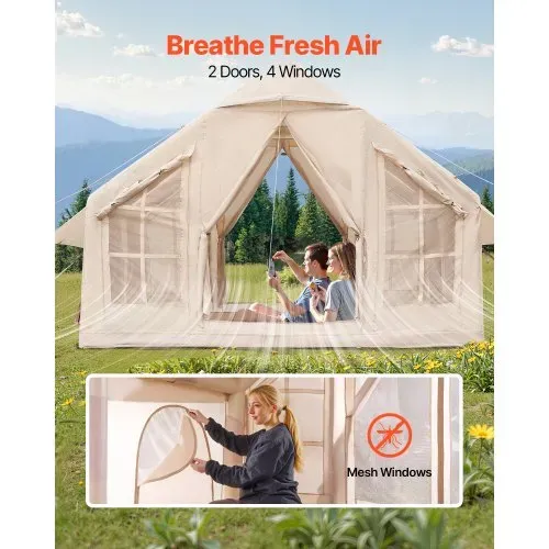 VEVOR Aufblasbare Zelte für Camping 3x3x2,3 m, 4–6 Personen, 300D Oxford 4-Jahreszeiten-Glamping-Zelt mit Handpumpe, Ofenanschluss, 2 Türen & 4 Netzfenstern, inkl. Aufbewahrungstasche für Transport – Bild 4