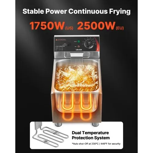 VEVOR Gewerbliche Elektrische 1-Becken-Fritteuse 7,5 L Ölfassungsvermöge, 2500 W Edelstahl-Tischfritteuse mit Frittierkorb, Deckel, Temperaturregelung und Verstellbaren Füßen, für Restaurant, Imbiss – Bild 2