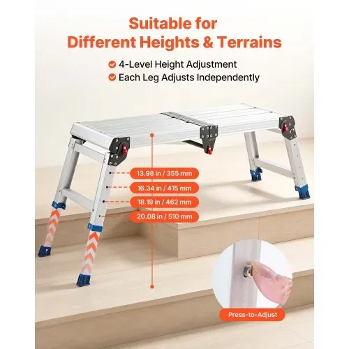 VEVOR Arbeitsplattform 851x305mm, Klappbare Arbeitsbühne aus Alu mit 226,8kg Tragkraft, 360-508mm Höhenverstellbare Laufbühne mit Sicherheitsverriegelung, Tragbare Stufenleiter für Haus Werkstatt – Bild 2