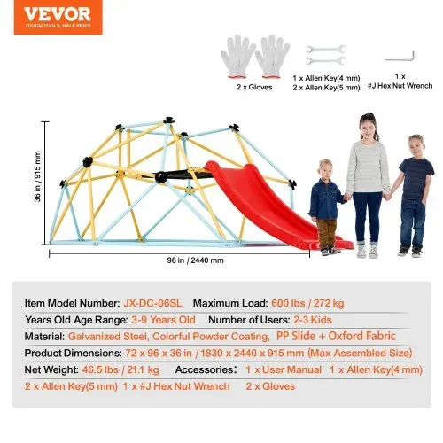 VEVOR Kletterkuppel, 2,44 m geometrisches Klettergerüst mit Rutsche, für Kinder von 3 bis 9 Jahren, Klettergerüst 272 kg Tragfähigkeit, mit Klettergriff, Indoor-/Outdoor-Spielgerät ideal Hinterhof – Bild 6