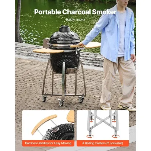 VEVOR Kamado Grill, Keramikgrill, Smoker Ø 450 mm, mit Holzgriffen, Seitenablagen, Metallstand mit Rollen & Thermometer bis 400°C, oberer & unterer Luftstrom, für BBQ, Grillen, Kochen & Backen Outdoor VEVOR Kamado Grill, Keramikgrill, Smoker Ø 450 mm, mit Holzgriffen, Seitenablagen, Metallstand mit Rollen & Thermometer bis 400°C, oberer & unterer Luftstrom, für BBQ, Grillen, Kochen & Backen Outdoor