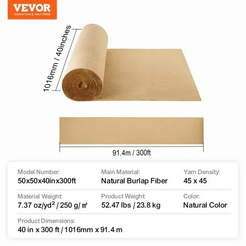 VEVOR Jute Stoff, Sackleinen-Stoffrolle, 45x45 hochdichte breite natürliche Sackleinen-Stoffrollen, 1016mmx91,4m, für Dekoration, Handwerk, Hochzeit, Gartenarbeit, Pflanzen- & Baumwinterabdeckung – Bild 6