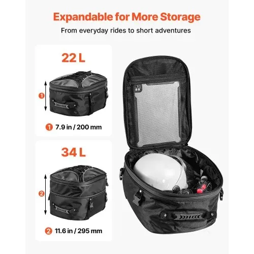 VEVOR Motorradhecktasche Rücksitztasche (22-34 L) mit wasserfester Regenabdeckung, Motorrad-Gepäckaufbewahrung, Gepäckträgertasche mit Riemen & elastischer Kordel, Motorradgepäck Schwarz – Bild 2
