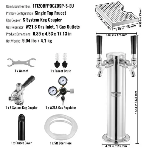 VEVOR Bierturm-Satz, Bier-Umrüstsatz für Einzelzapfhahn, Bier-Turmspender aus Edelstahl mit Doppelmessgerät W21.8-Regler & S-System-Fasskupplung, Bier-Tropfschale für Partys zu Hause – Bild 6