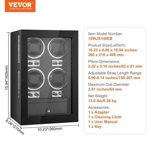 VEVOR Uhrenbeweger, Automatik-Uhrenbeweger, Watch Winder, Uhrenbeweger für Automatikuhren, Automatischer Uhrenbeweger mit Platz für 4 Uhren, LED Beleuchtung, 150–207 mm Einstellbar Riemenlänge – Bild 6