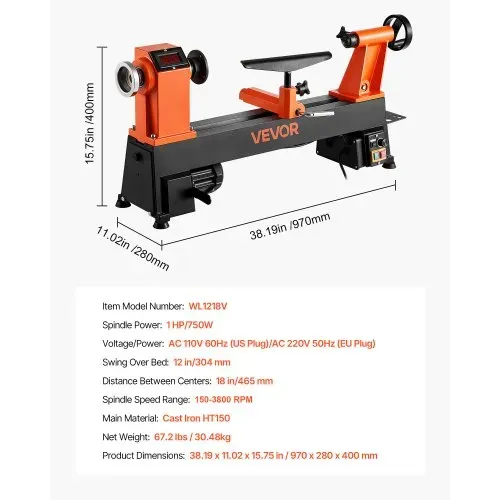VEVOR Drechselbank, 1 PS/750 W, Drechselmaschine mit variabler Drehzahl von 150 bis 3800 U/min, Drehtischmaschine 304 x 465 mm Werkbank, Drehbank, für Anfänger & Heimwerker in der Holzbearbeitung – Bild 6