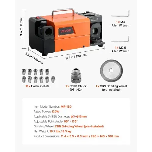 VEVOR Bohrerschleifgerät MR-13D, 3–13 mm, mit einstellbarem Freiwinkel der Schneidkante, vorderer Schneidkante & 95°–135° Spitzenwinkel, 4600 U/min, inkl. 11 Spannzangen & CBN-Schleifscheibe – Bild 6